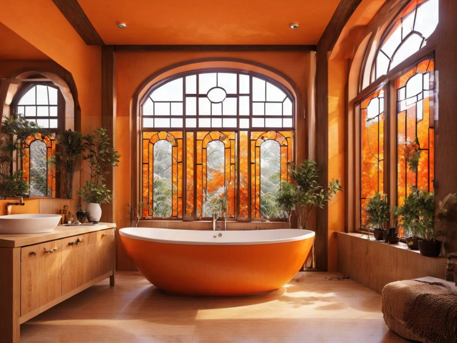 Pomarańczowa łazienka z drewnianymi panelami